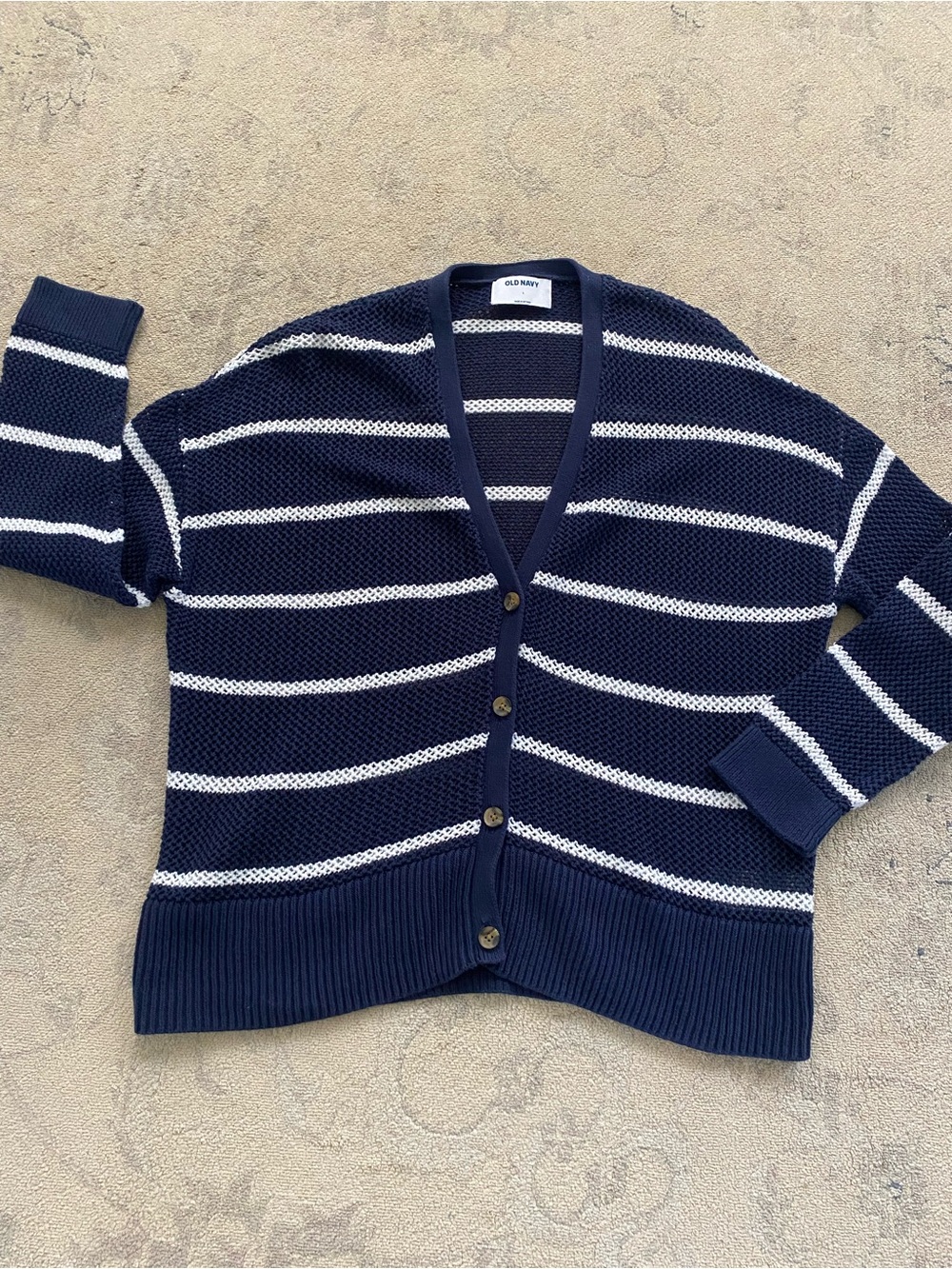 Old Navy 100% Cotton Cardigan Striped Navy Blue White Large 3/4 Sleeve Slouchy